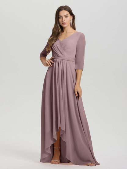 Flowy 3/4 Sleeves V-Neck Asymmetrical High Low Chiffon Bridesmaid Dress
