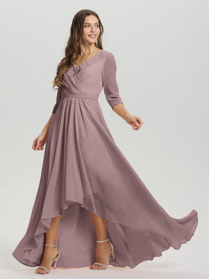 Flowy 3/4 Sleeves V-Neck Asymmetrical High Low Chiffon Bridesmaid Dress
