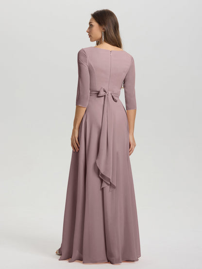 Flowy 3/4 Sleeves V-Neck Asymmetrical High Low Chiffon Bridesmaid Dress