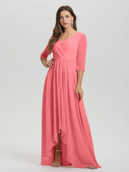 Flowy 3/4 Sleeves V-Neck Asymmetrical High Low Chiffon Bridesmaid Dress