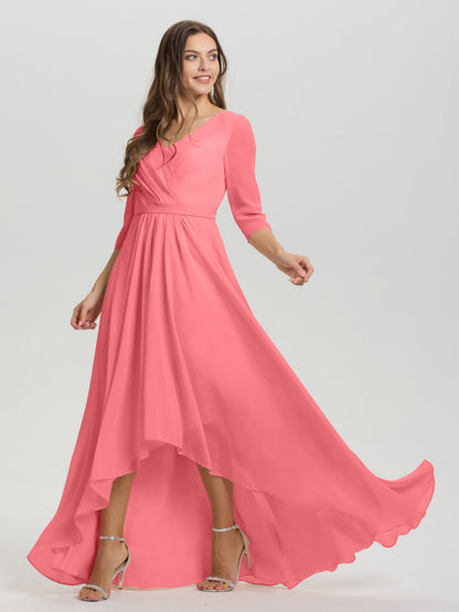 Flowy 3/4 Sleeves V-Neck Asymmetrical High Low Chiffon Bridesmaid Dress