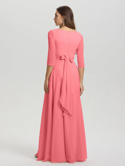 Flowy 3/4 Sleeves V-Neck Asymmetrical High Low Chiffon Bridesmaid Dress