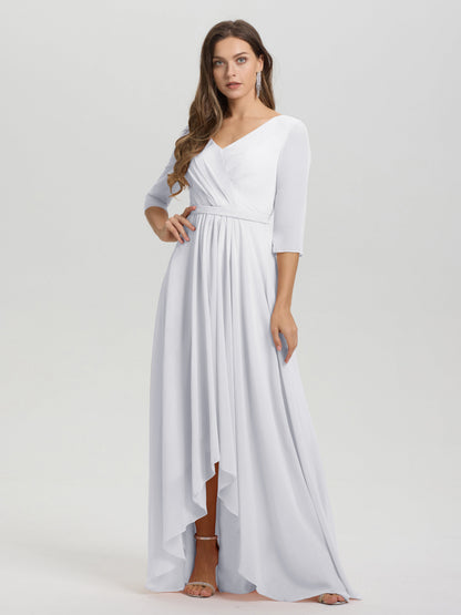 Flowy 3/4 Sleeves V-Neck Asymmetrical High Low Chiffon Bridesmaid Dress