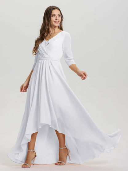 Flowy 3/4 Sleeves V-Neck Asymmetrical High Low Chiffon Bridesmaid Dress