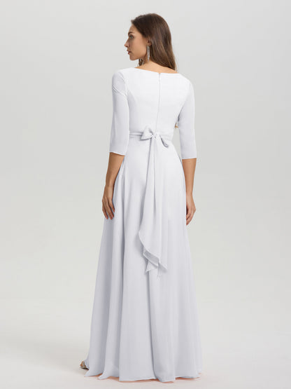 Flowy 3/4 Sleeves V-Neck Asymmetrical High Low Chiffon Bridesmaid Dress
