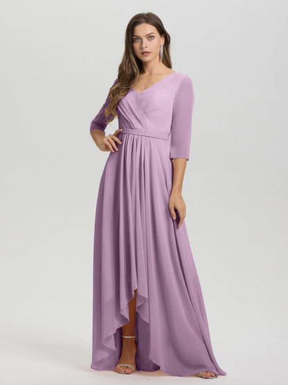 Flowy 3/4 Sleeves V-Neck Asymmetrical High Low Chiffon Bridesmaid Dress