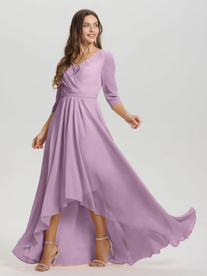 Flowy 3/4 Sleeves V-Neck Asymmetrical High Low Chiffon Bridesmaid Dress