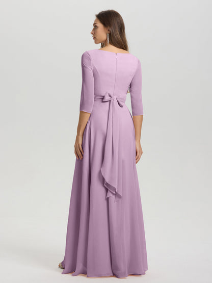 Flowy 3/4 Sleeves V-Neck Asymmetrical High Low Chiffon Bridesmaid Dress