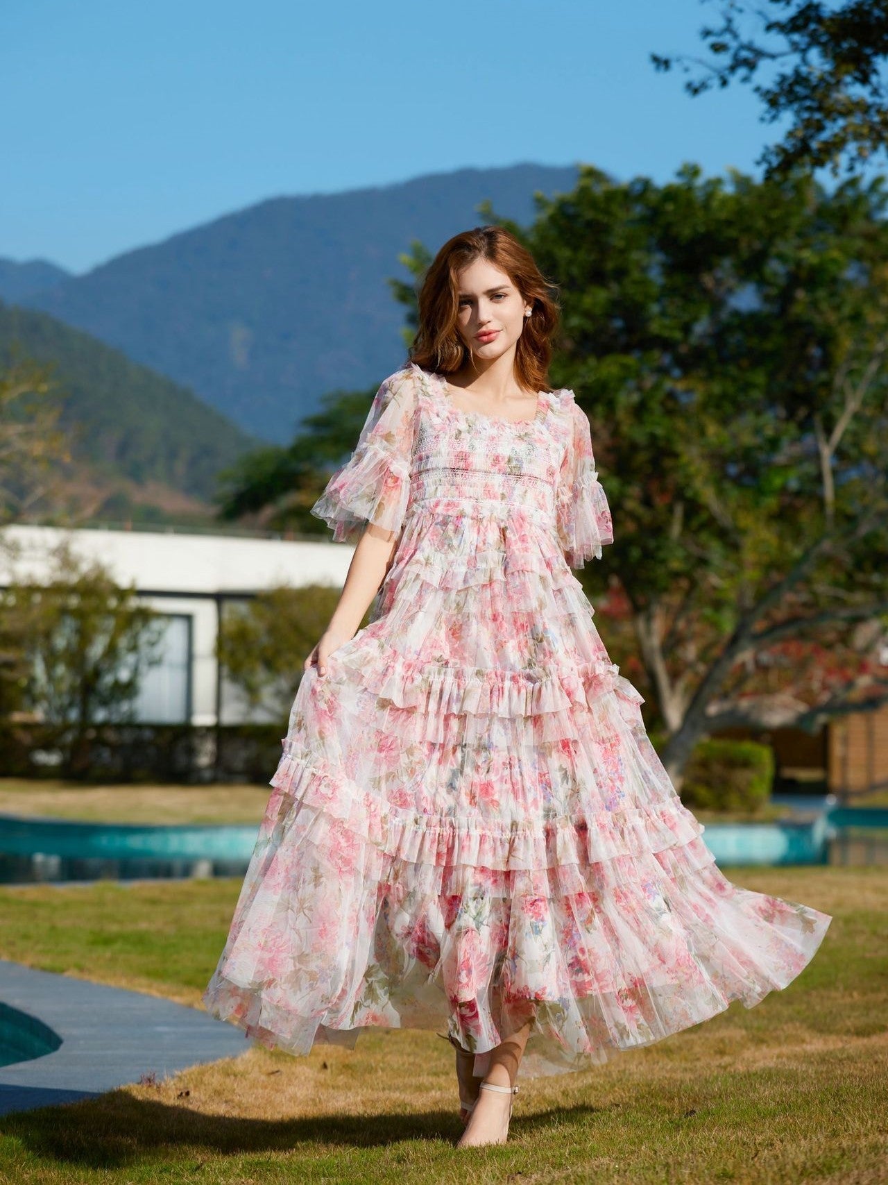 Flowy Half Sleeves Floral Ruffle Tulle Layered Bridesmaid Dresses