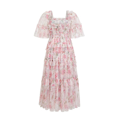 Flowy Half Sleeves Floral Ruffle Tulle Layered Bridesmaid Dresses