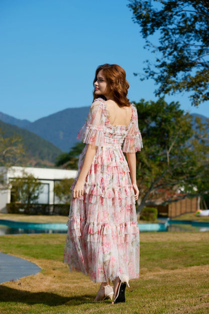 Flowy Half Sleeves Floral Ruffle Tulle Layered Bridesmaid Dresses