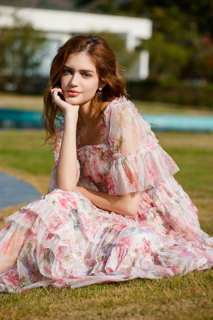 Flowy Half Sleeves Floral Ruffle Tulle Layered Bridesmaid Dresses