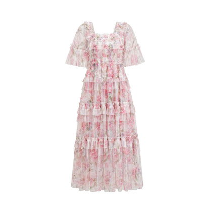 Flowy Half Sleeves Floral Ruffle Tulle Layered Bridesmaid Dresses