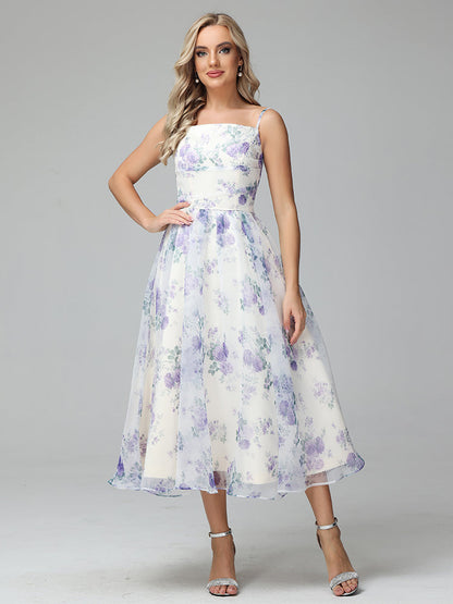 Spaghetti Straps Floral Printed Tea Length Bridesmaid Dresses