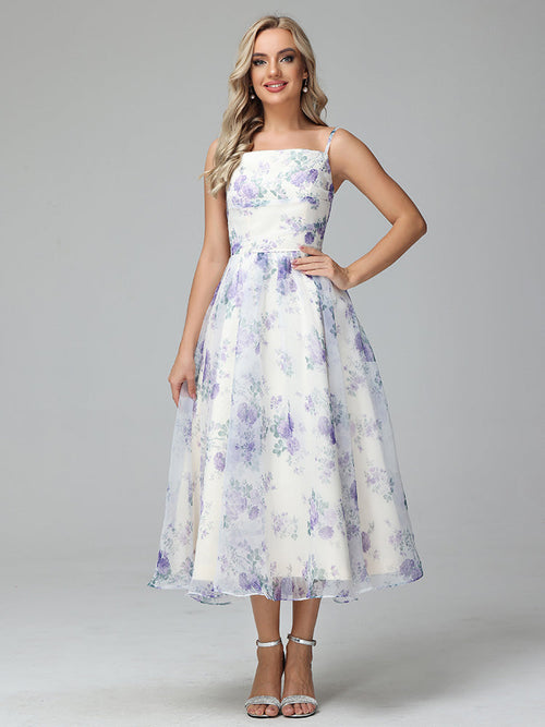 Spaghetti Straps Floral Printed Tea Length Bridesmaid Dresses