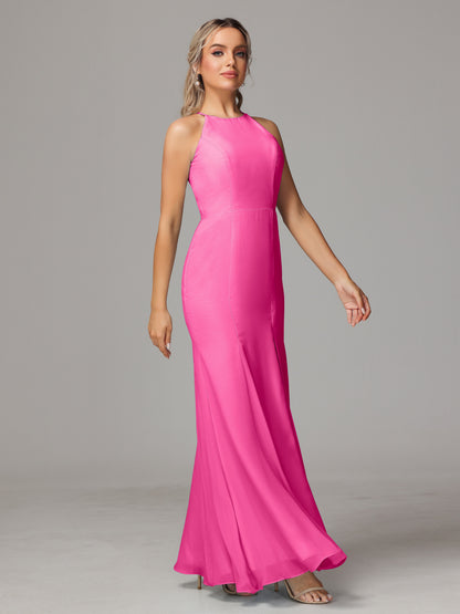 Halter Open Back Chiffon Bridesmaid Dress With Slit