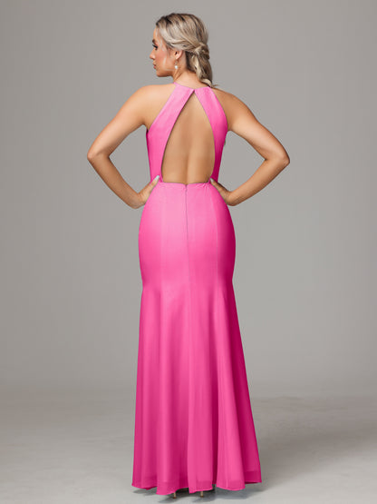 Halter Open Back Chiffon Bridesmaid Dress With Slit