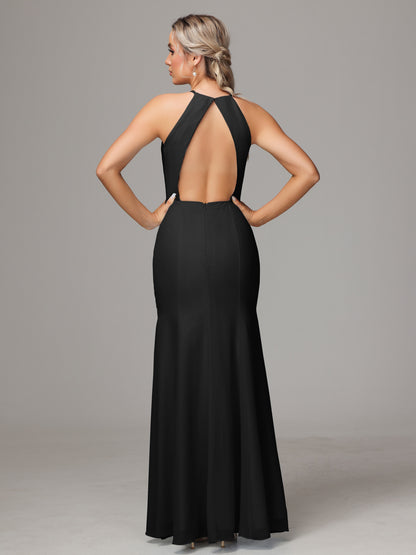 Halter Open Back Chiffon Bridesmaid Dress With Slit