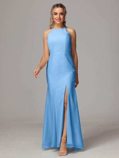 Halter Open Back Chiffon Bridesmaid Dress With Slit