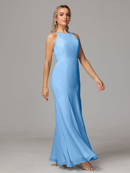 Halter Open Back Chiffon Bridesmaid Dress With Slit