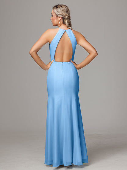 Halter Open Back Chiffon Bridesmaid Dress With Slit