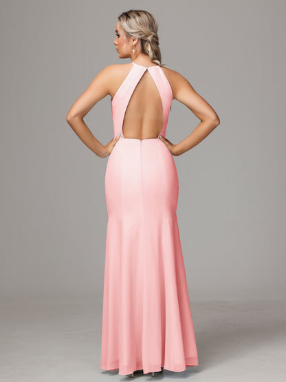 Halter Open Back Chiffon Bridesmaid Dress With Slit