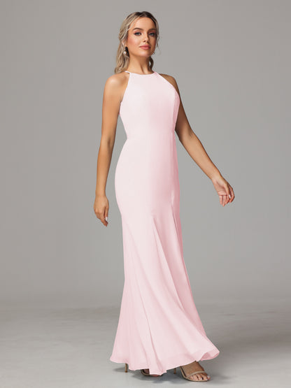 Halter Open Back Chiffon Bridesmaid Dress With Slit