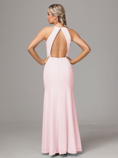 Halter Open Back Chiffon Bridesmaid Dress With Slit