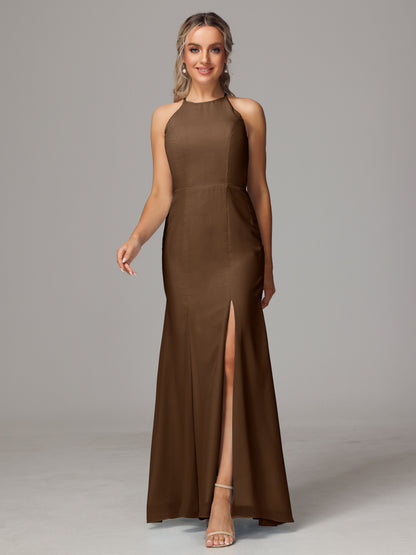 Halter Open Back Chiffon Bridesmaid Dress With Slit