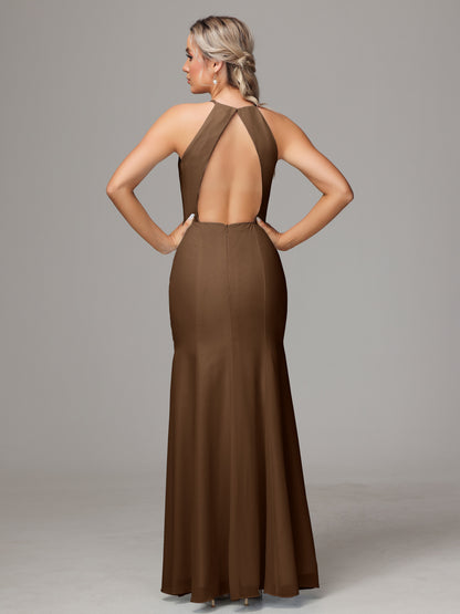 Halter Open Back Chiffon Bridesmaid Dress With Slit