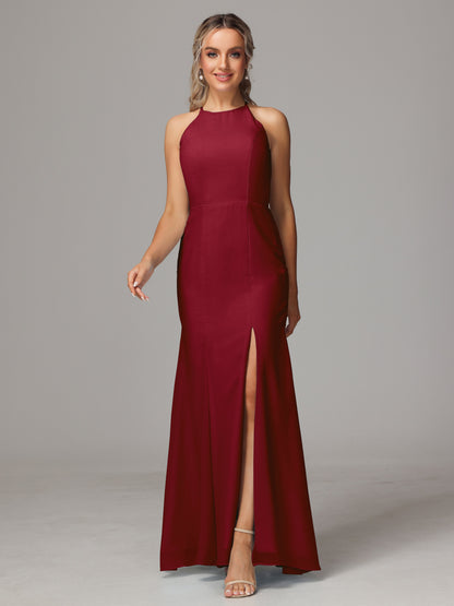Halter Open Back Chiffon Bridesmaid Dress With Slit