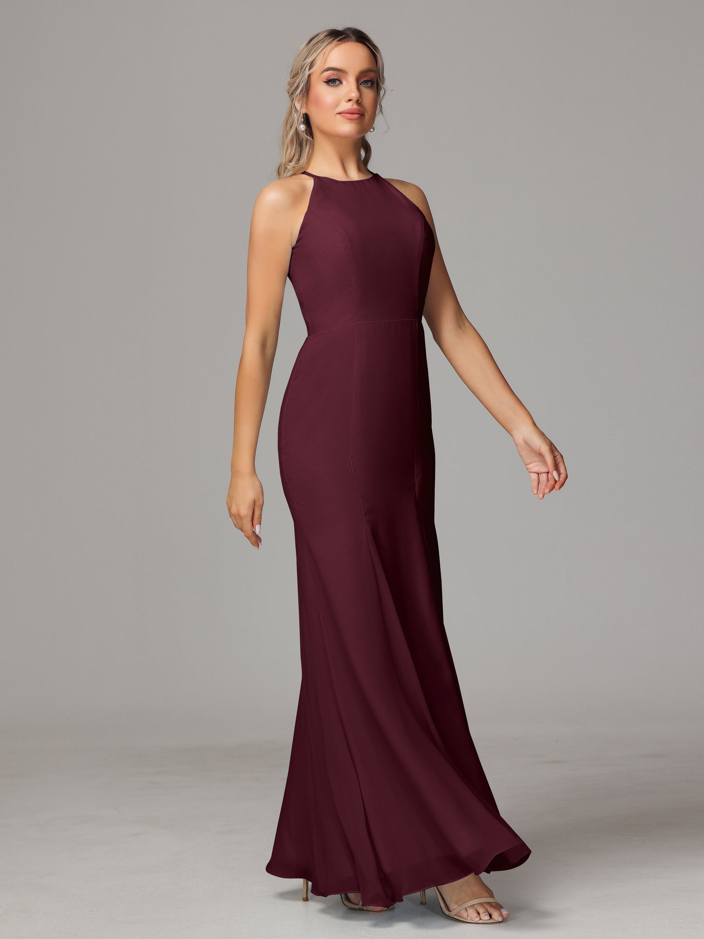 Halter Open Back Chiffon Bridesmaid Dress With Slit