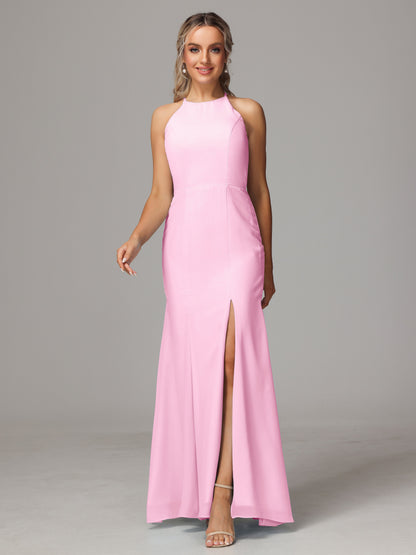 Halter Open Back Chiffon Bridesmaid Dress With Slit