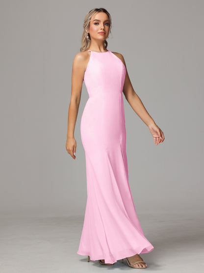 Halter Open Back Chiffon Bridesmaid Dress With Slit