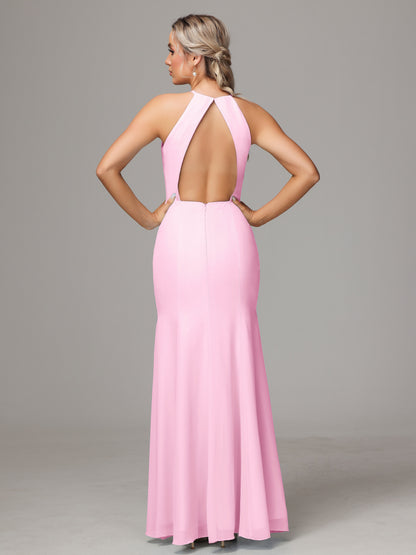 Halter Open Back Chiffon Bridesmaid Dress With Slit