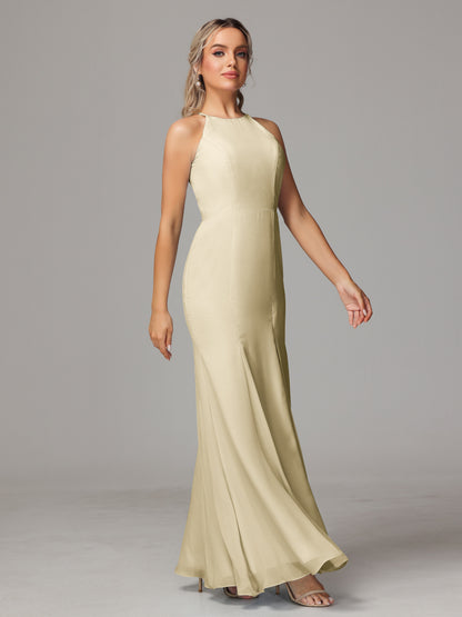 Halter Open Back Chiffon Bridesmaid Dress With Slit