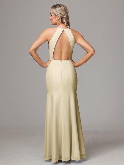 Halter Open Back Chiffon Bridesmaid Dress With Slit