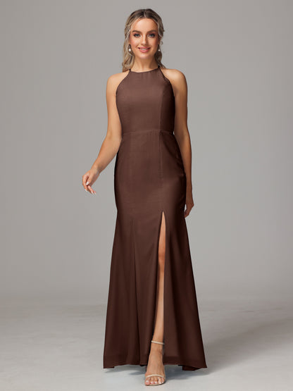 Halter Open Back Chiffon Bridesmaid Dress With Slit