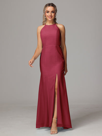 Halter Open Back Chiffon Bridesmaid Dress With Slit