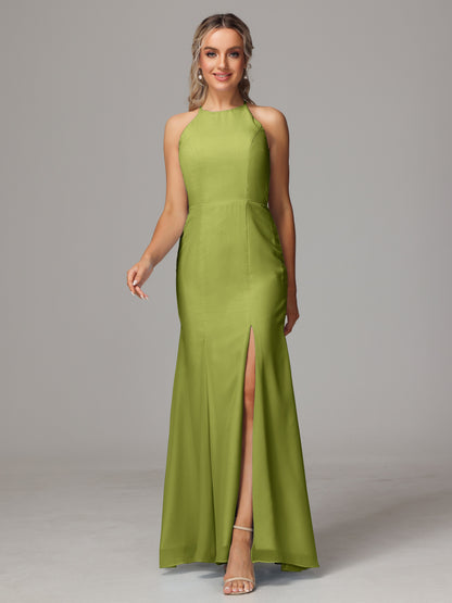 Halter Open Back Chiffon Bridesmaid Dress With Slit
