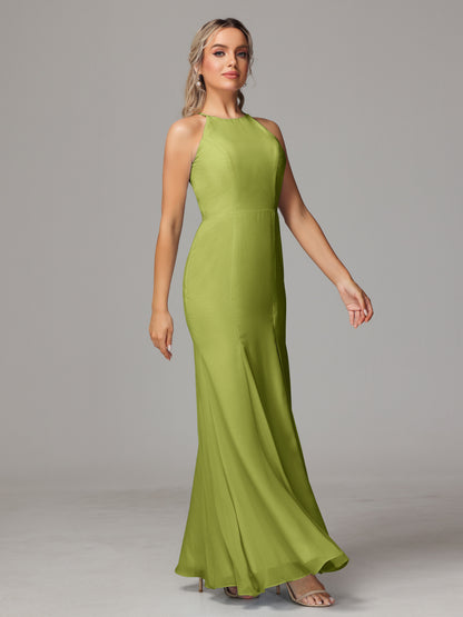 Halter Open Back Chiffon Bridesmaid Dress With Slit