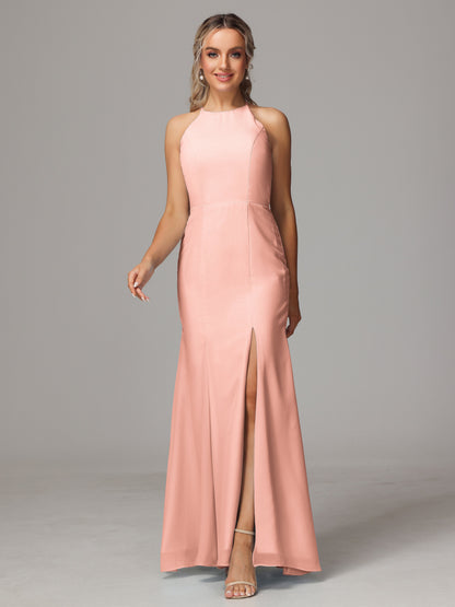 Halter Open Back Chiffon Bridesmaid Dress With Slit