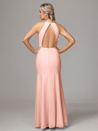 Halter Open Back Chiffon Bridesmaid Dress With Slit