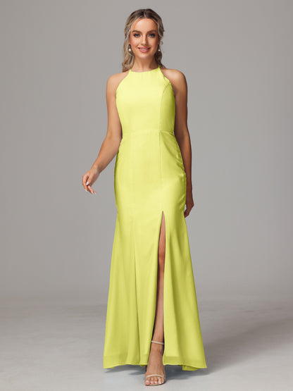 Halter Open Back Chiffon Bridesmaid Dress With Slit