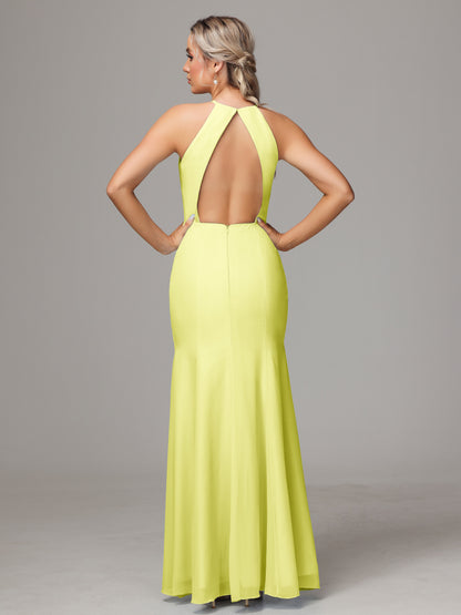 Halter Open Back Chiffon Bridesmaid Dress With Slit