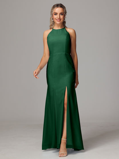 Halter Open Back Chiffon Bridesmaid Dress With Slit