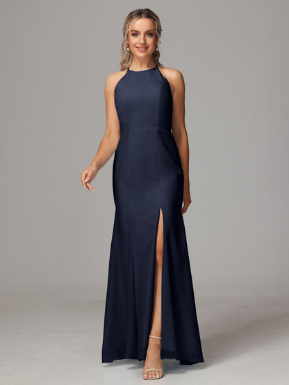 Halter Open Back Chiffon Bridesmaid Dress With Slit