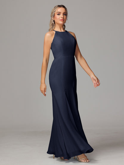 Halter Open Back Chiffon Bridesmaid Dress With Slit