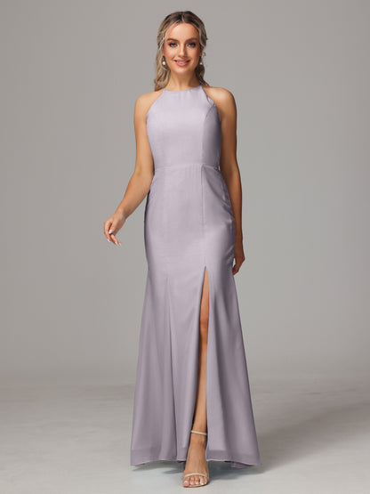 Halter Open Back Chiffon Bridesmaid Dress With Slit