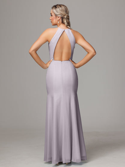 Halter Open Back Chiffon Bridesmaid Dress With Slit